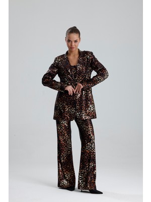 Sense Abiye Takım Elbise | Ceket | Pantolon | Büstiyer 3 Lü Takım TK34264 Siyah Bronz Leopar