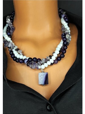 Asteria Elite Ametist Mor Akik Beyaz Kristal 3 Sıralı Sezgileri Güçlendirme ve Bilgelik Kolyesi