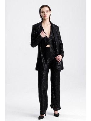 Sense Payetli Yelekli Kadınabiye  Takım - Şık Blazer Ceket, Yelek ve Pantolon Siyah