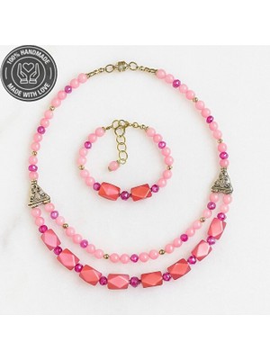 Asteria Elite Pembe Sedef Pembe Kuvars Aşk ve Zarafet Kolye Bileklik Seti