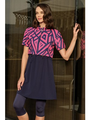 Spor Likra Kısa Kollu Yarı Kapalı Mayo 3417 Lacivert Fuşya