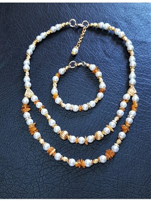 Asteria Elite Kehribar ve Kaplama Boncuklu Kolye Bileklik Seti