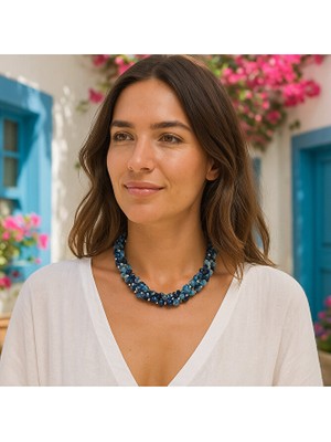 Asteria Elite Lacivert Mavi Iri Kırık Akik 3 Sıralı Ayrılabilen Huzur ve Iletişim ve Nazardan Koruma Kolyesi