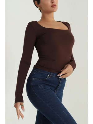 Senly Benly Kahverengi Kare Yaka Sandy Kumaş Body