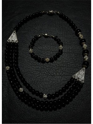 Asteria Elite Oniks 3 Sıralı Nazardan Korunma Güç ve Cesaret Kolye Bileklk Seti