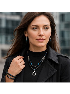 Asteria Elite Lav Taşı Mavi Akik Iletişim ve Denge Takı Seti