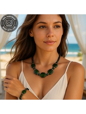 Asteria Elite Sedef Oniks Yeşil Kaplan Gözü Güç, Odaklanma ve Nazardan Korunma Kolye Bileklik Seti