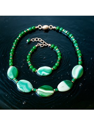 Asteria Elite Yeşil Akik Nazardan Korunma Huzur ve Şans Kolye Bileklik Seti