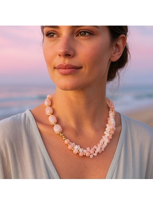 Asteria Elite Pembe Kuvars 3 Sıralı Koşulsuz Sevgi ve Huzur Kolyesi