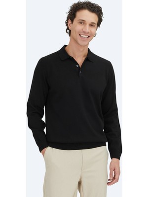 Kip Siyah Polo Yaka Düz Örgü Triko Kazak