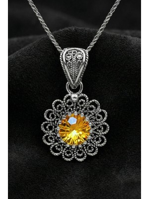 Roza Silver Kasım Sitrin Doğum Taşı Çiçek Motifli Telkari Gümüş Kolye