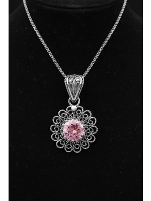 Roza Silver Ekim Turmalin Doğum Taşı Çiçek Motifli Telkari Gümüş Kolye