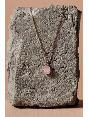 Takıdepo Pembe Kuvars Taşlı Minimal Gümüş Kadın Kolye Rose Rengi