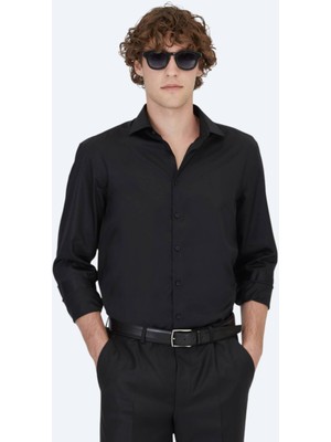 Kip Siyah Düz Regular Fit Dokuma Klasik %100 Pamuk Gömlek
