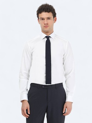 Kip Beyaz Düz Regular Fit Dokuma Klasik %100 Pamuk Gömlek