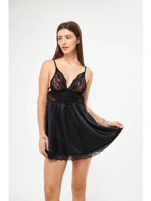 Saten Dantel Detaylı Babydoll Gecelik