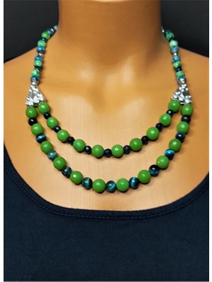 Asteria Elite Yeşil Kaplan Gözü Ceyt Iki Sıralı Odaklanma, Denge ve Özgüven Kolye Bileklik Seti