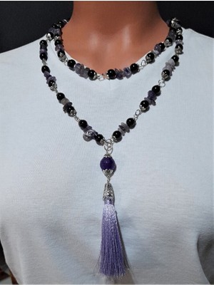 Asteria Elite Oniks Ametist 2 Sıralı Nazardan Korunma ve Kararlılık Için Uzun Kolye