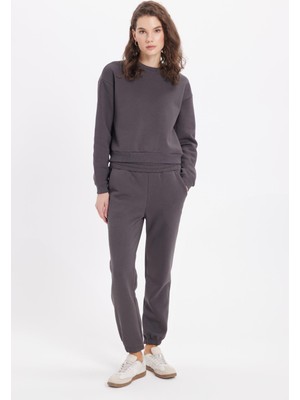 Tudors Kadın Regular Fit Pamuklu 3 Iplik Yumuşak Dokulu Içi Polarlı Bisiklet Yaka Gri Eşofman Takımı