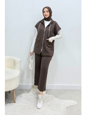 Tesettür Diyarı Sani Fermuarlı Yelekli Scuba Tesettür Takım- Kahverengi