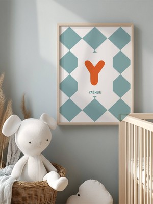 Fuart.Co Isme Özel Çocuk Posteri Mavi Yan Damalı Harf Detaylı (Çerçevesiz) Kdfu