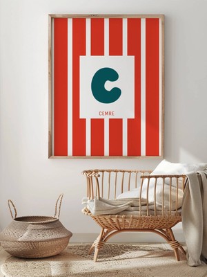 Fuart.Co Isme Özel Çocuk Posteri Kırmızı Dikey Çizgili Harf Detaylı (Çerçevesiz) Kdfu