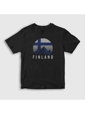 Presmono Unisex Çocuk Siyah Mountain Finland Finlandiya T-Shirt