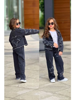 Miniğimin Cicileri Yıldız Nakışlı Kot 3 Lü Kız Çocuk Takım - Siyah