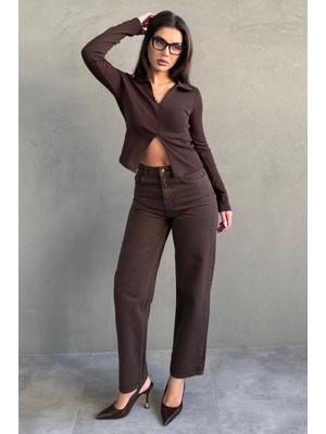 Madmext Kahverengi Yüksek Bel Mom Fit Kadın Jean MG2654