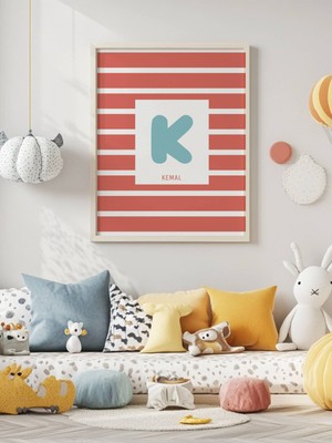 Fuart.Co Isme Özel Çocuk Posteri Pembe Yatay Çizgili Harf Detaylı (Çerçevesiz) Kdfu