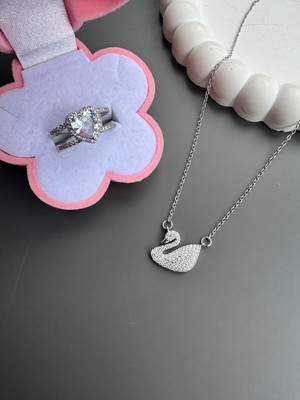 Gözde Aksesuarım Gümüş Renk Kuğu Kolye Yüzük Seti Çelik