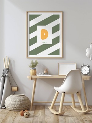 Fuart.Co Isme Özel Çocuk Posteri Yeşil Çapraz Çizgili Harf Detaylı (Çerçevesiz) Kdfu