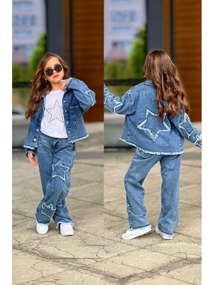 Miniğimin Cicileri Yıldız Nakışlı Kot 3 Lü Kız Çocuk Takım - Mavi