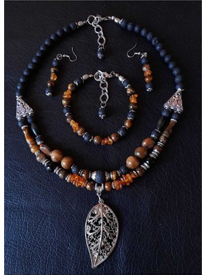 Asteria Elite Lav Taşı Kaplan Gözü Kehribar Güç, Cesaret ve Huzur Takı Seti