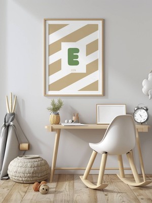 Fuart.Co Isme Özel Çocuk Posteri Ekru Çapraz Çizgili Harf Detaylı (Çerçevesiz) Kdfu