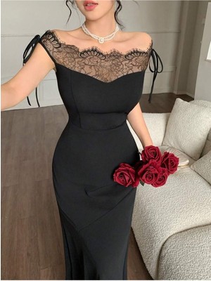 byasafkids Kadın Göğüs ve Yakası Dantel Detaylı Kayık Yaka Görünümlü Uzun Ithal Krep Elbise