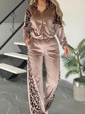 Aesco Kadın Uzun Kollu Önden Fermuarlı Leopar Detaylı Kadife Bal Köpüğü Bluz ve Pantolon Ikili Takım