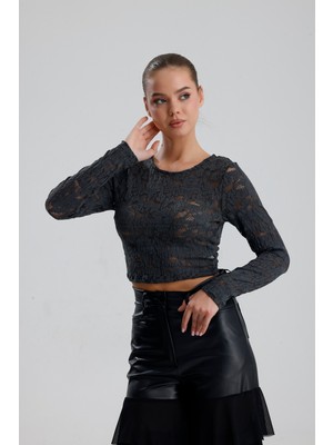 Sense Dantel Uzun Kollu Crop Bluz | BUST36259 Grı