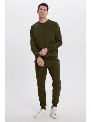 Tudors Erkek Regular Fit Klasik Kesim Pamuklu 2 İplik Yumuşak Dokulu Bisiklet Yaka Haki Eşofman Takımı