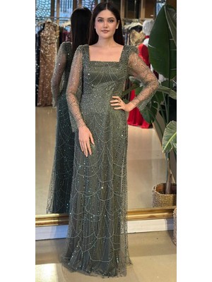 Abiyeniall Açık Olive Kare Yaka Uzun Kollu Kloş Etekli Pullu Boncuklu Uzun Abiye Elbise 11047-20