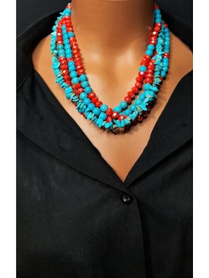 Asteria Elite Turkuaz Turuncu Kristal Dört Sıralı Bilgelik ve Nazardan Koruma Kolyesi