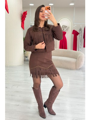 Thezkscom-Kadın Püsküllü Ceket Etek Ikili Süet Takım Taba, Siyah, Kahverengi