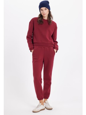 Tudors Kadın Regular Fit Pamuklu 3 Iplik Yumuşak Dokulu Içi Polarlı Bisiklet Yaka Bordo Eşofman Takımı