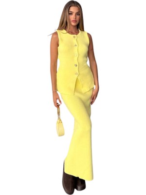 Kechi Woman Gold Aksesuarlı Düğmeli Etek Yelek Sarı Triko Takım