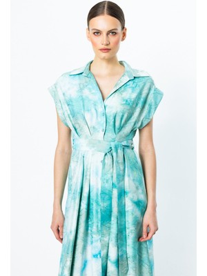 On Fashion Elbise Beli Dikişli Kuşaklı Gömlek Yaka