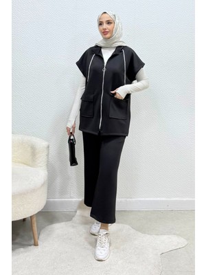 Tesettür Diyarı Sani Fermuarlı Yelekli Scuba Tesettür Takım- Siyah