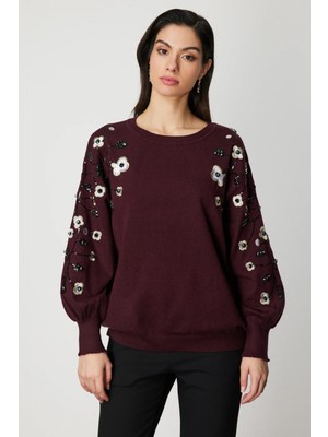 On Fashion On Çiçek Işlemeli Balon Kol Triko Kazak