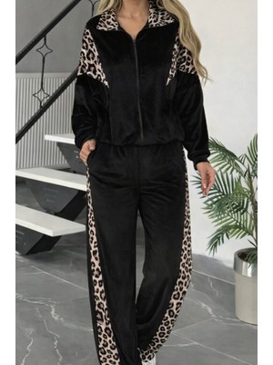 Tua Moda Kadın Uzun Kollu Önden Fermuarlı Leopar Detaylı Kadife Bluz ve Pantolon Ikili Takım