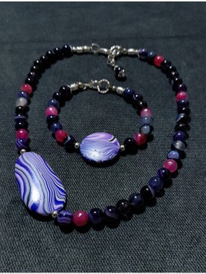 Asteria Elite Mor Akik Pembe Akik Nazardan Korunma ve Bilgelik Kolye Bileklik Seti