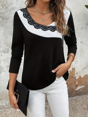 Equri Kadın Uzun Kollu Yuvarlak Yakalı Çift Renkli Dantel Detaylı Viskon Bluz